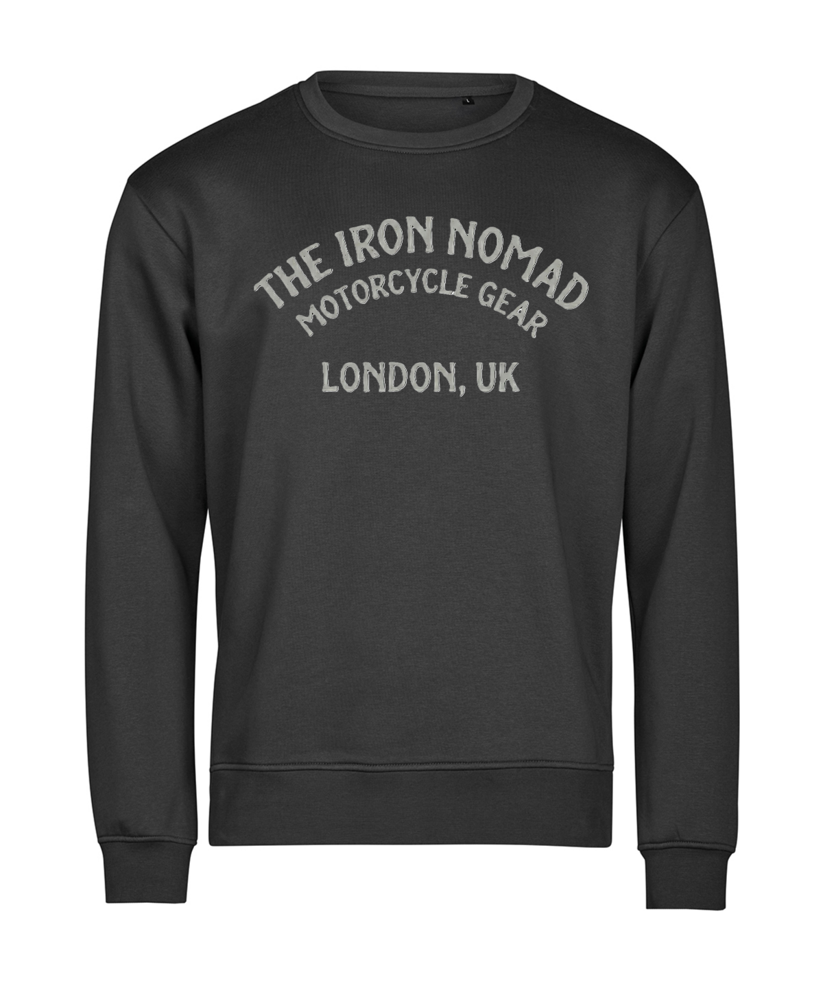 Dark charcoal hoodie with curved gray text reading The Iron Nomad Motorcycle Gear London, UK.