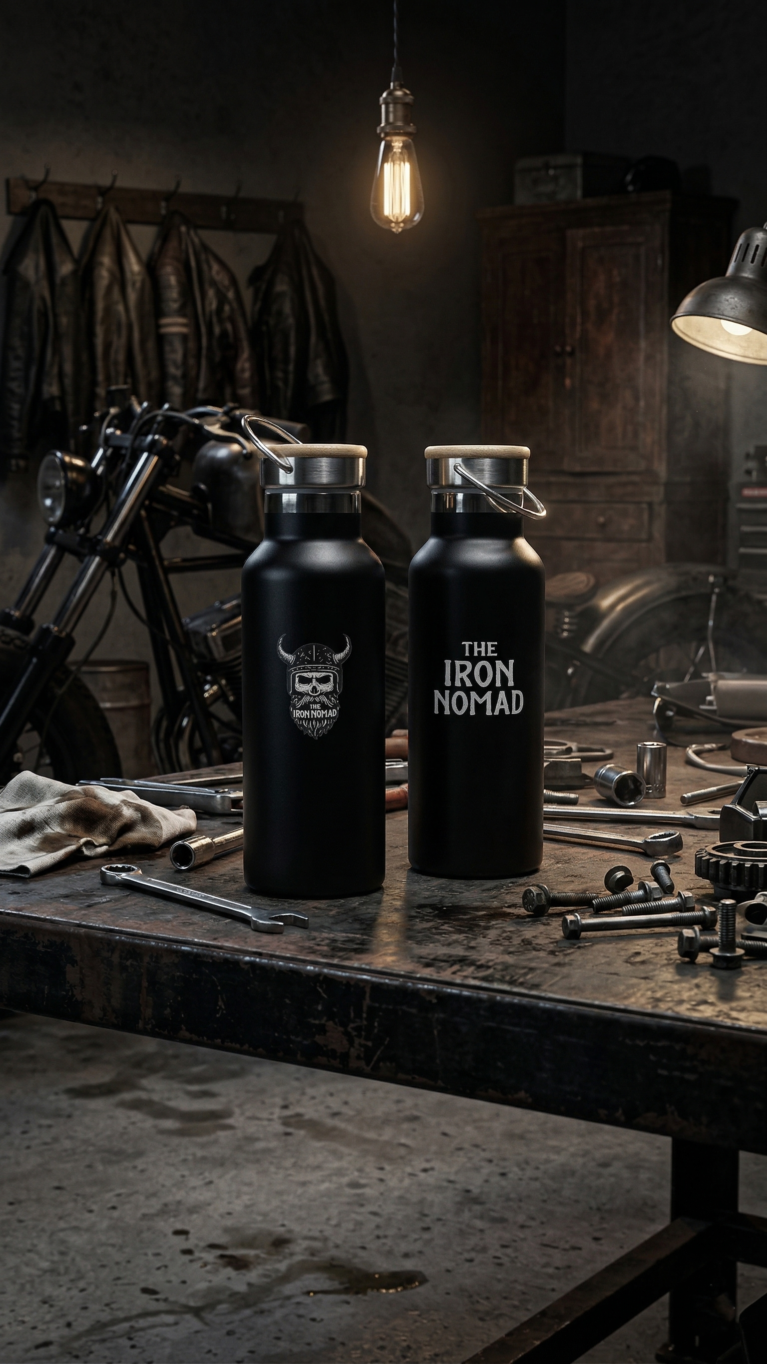 Two black water bottles with 'The Iron Nomad' branding on a workshop table.