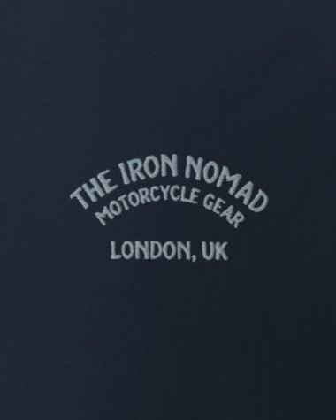 Navy blue shirt with 'The Iron Nomad Motorcycle Gear London, UK' text in white.