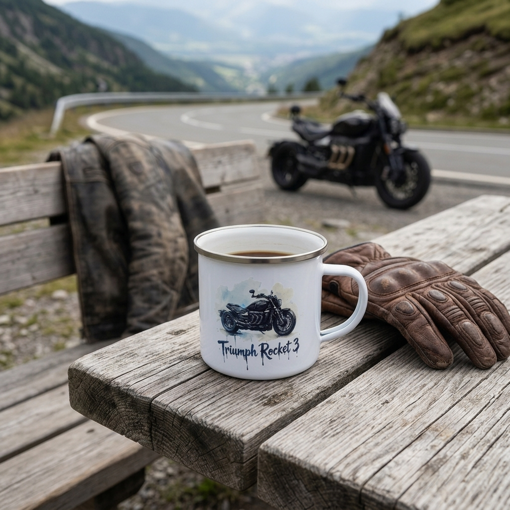 A white enamel mug with a Triumph Rocket 3 motorcycle graphic sits on a wooden table at a mountain pass, with a leather jacket draped over the bench and a brown leather glove beside it, and a motorcycle parked in the blurred background.