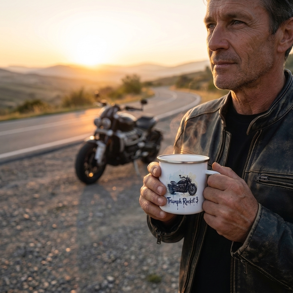 A man in a leather jacket stands on a road at sunset holding a white enamel mug with a motorcycle graphic and the text 'Triumph Rocket 3'. A motorcycle is parked in the background.