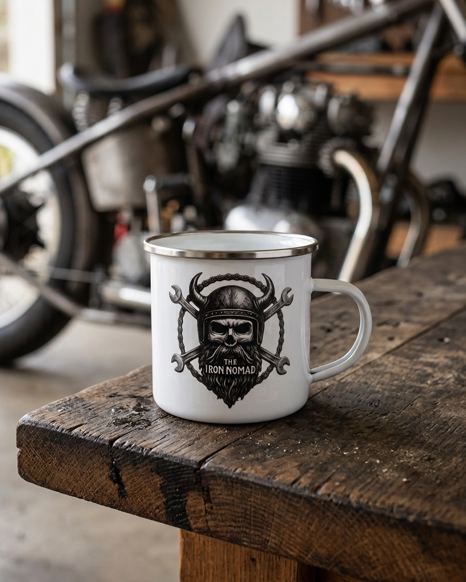 A white enamel mug with a black graphic of a bearded Viking wearing a helmet and crossed wrenches, sitting on a rustic wooden workbench with a blurred motorcycle in the background.