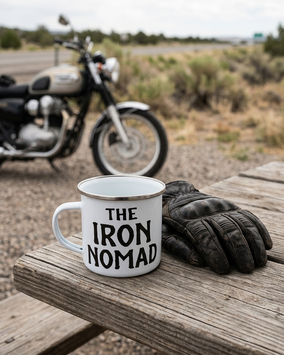 A white enamel mug with black text reading 'THE IRON NOMAD' sits on a rustic wooden picnic table next to a black leather glove, with a blurred motorcycle and outdoor landscape in the background.